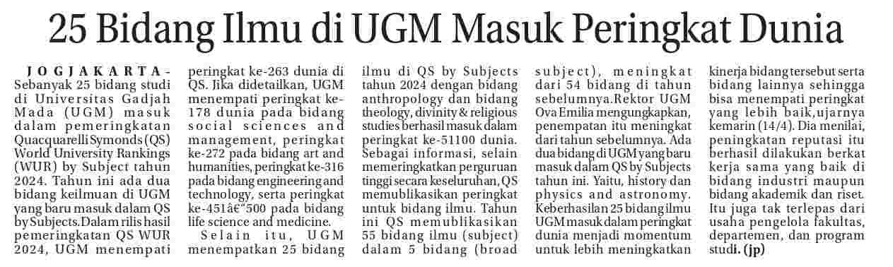 Bidang Ilmu Di Ugm Masuk Peringkat Dunia Koran Humas Ugm Ac Id