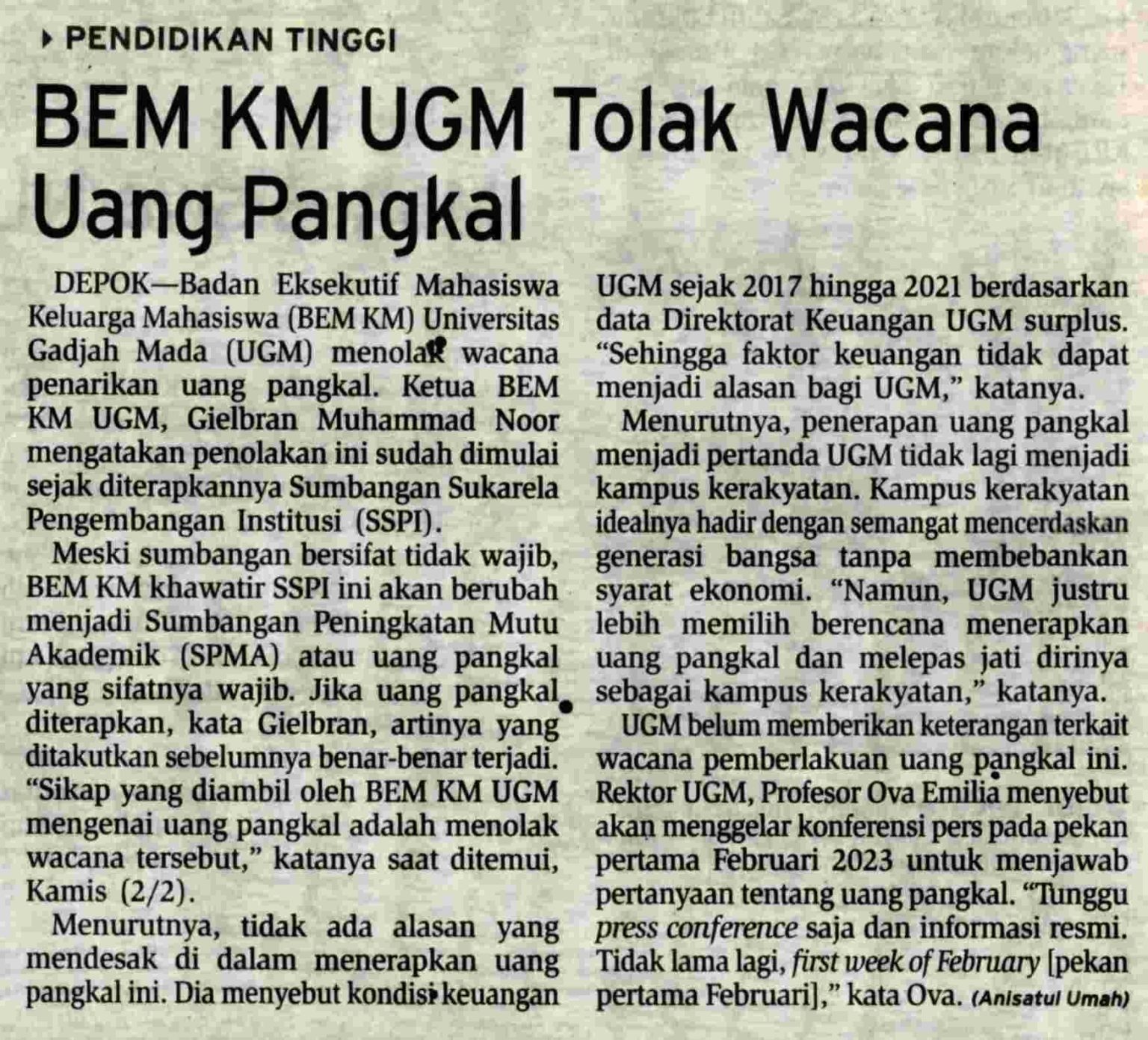 BEM KM UGM Tolak Wacana Uang Pangkal – Koran.humas.ugm.ac.id