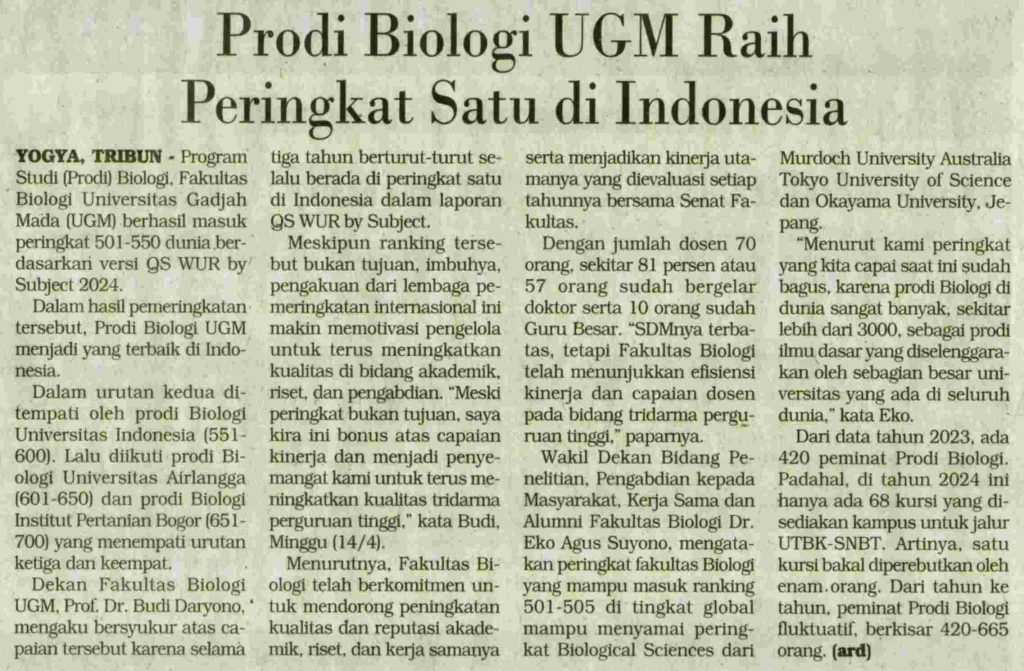 Prodi Biologi Ugm Raih Peringkat Satu Di Indonesia Koranhumasugmacid